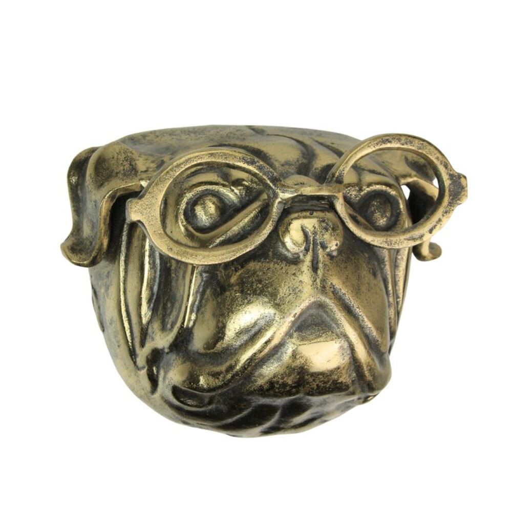 Gold Pug Dog Head Wall Decor with Spectacles – 6" Cast Aluminum Wall Accent